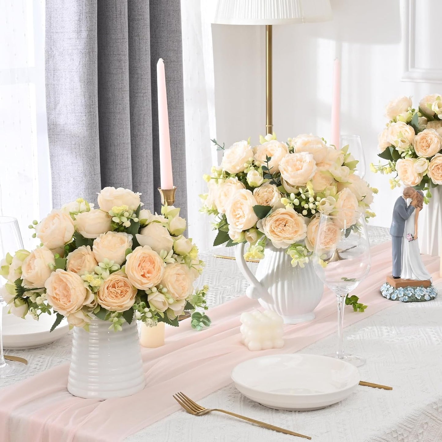 4 Packs Peonies Artificial Flowers, Champagne Silk Artificial Peonies | Fake Peonies Artificial Peony Flower Bouquets for Centerpiece Table Wedding Party Home Decor