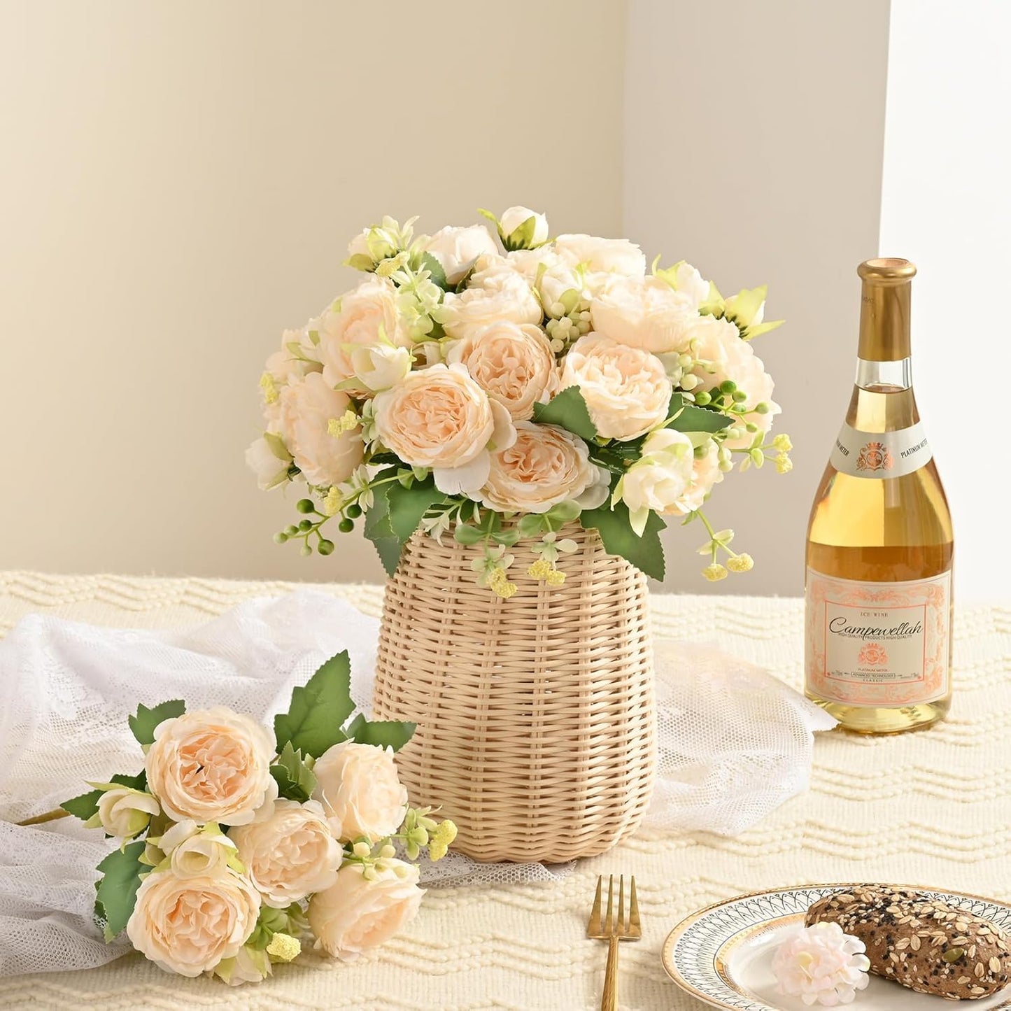 4 Packs Peonies Artificial Flowers, Champagne Silk Artificial Peonies | Fake Peonies Artificial Peony Flower Bouquets for Centerpiece Table Wedding Party Home Decor