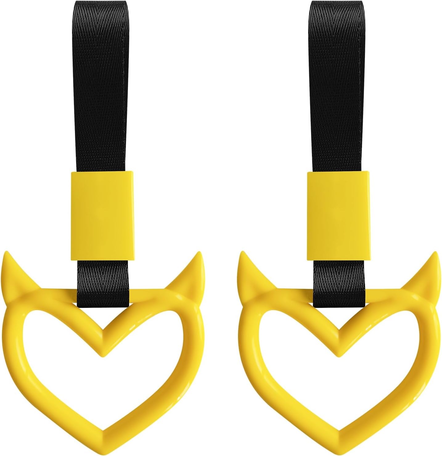2PCS Devil Heart Shaped Car Handle Strap, Drift Charm Rear Bumper Warning Ring Decor for Car Interior Exterior, Universal Subway Bus Handle Accessories Cute Heart Hanging Rings for Drivers (Yellow)