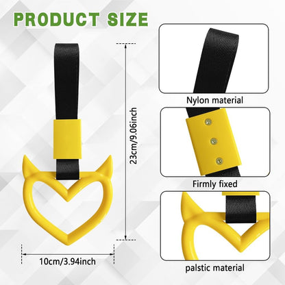 2PCS Devil Heart Shaped Car Handle Strap, Drift Charm Rear Bumper Warning Ring Decor for Car Interior Exterior, Universal Subway Bus Handle Accessories Cute Heart Hanging Rings for Drivers (Yellow)