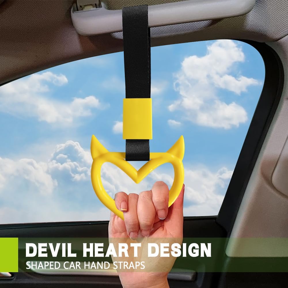 2PCS Devil Heart Shaped Car Handle Strap, Drift Charm Rear Bumper Warning Ring Decor for Car Interior Exterior, Universal Subway Bus Handle Accessories Cute Heart Hanging Rings for Drivers (Yellow)