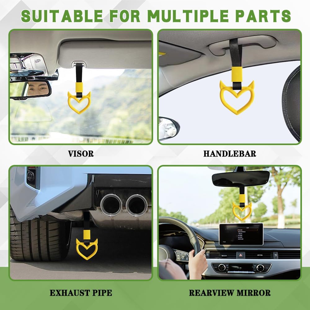2PCS Devil Heart Shaped Car Handle Strap, Drift Charm Rear Bumper Warning Ring Decor for Car Interior Exterior, Universal Subway Bus Handle Accessories Cute Heart Hanging Rings for Drivers (Yellow)