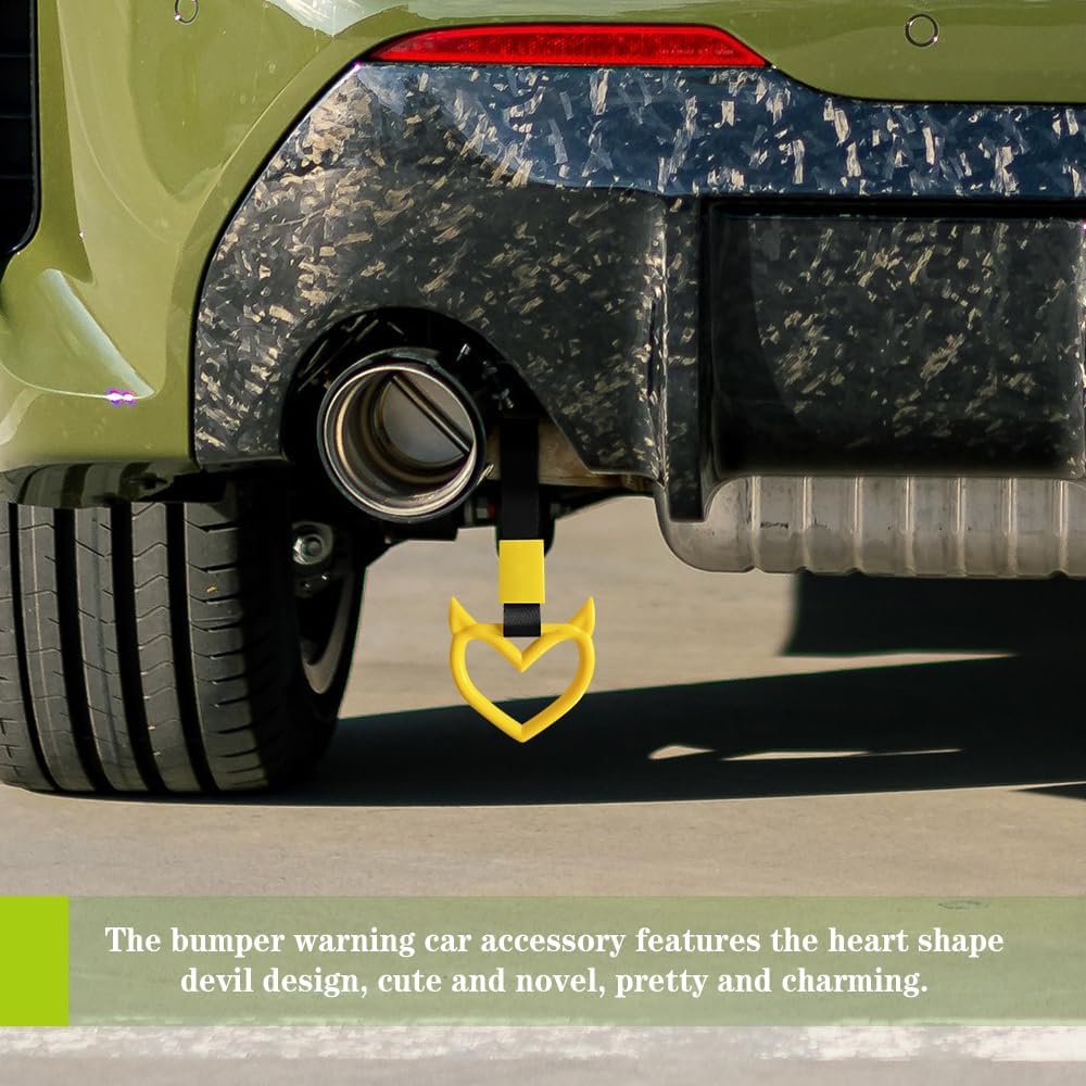 2PCS Devil Heart Shaped Car Handle Strap, Drift Charm Rear Bumper Warning Ring Decor for Car Interior Exterior, Universal Subway Bus Handle Accessories Cute Heart Hanging Rings for Drivers (Yellow)