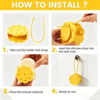 Silicone Yellow Shower Steamer Tray with Big Suction Cup and Strap, Hangable & Durable Bath Bomb Accessories, Aromatherapy Diffuser Containers for Bathroom, Car and Yoga Decor