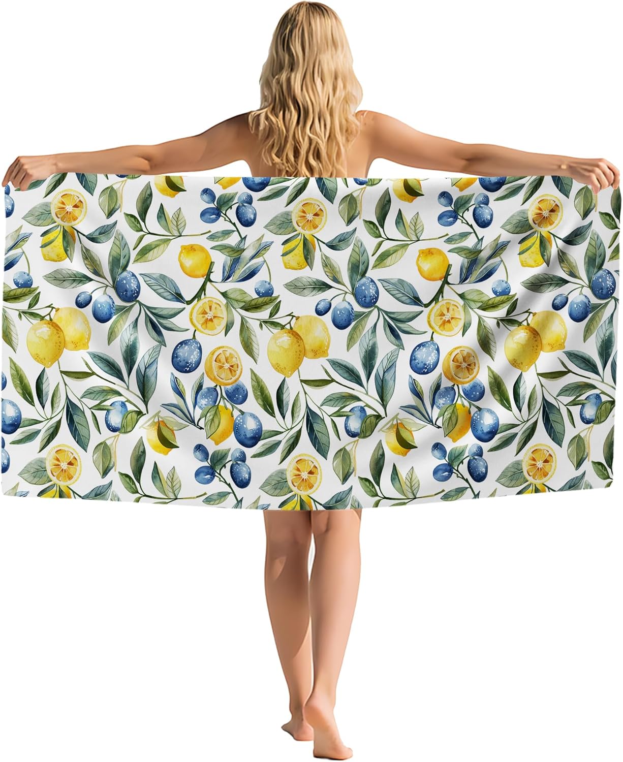 Mediterranean Lemon Beach Towel, Mediterranean Sicilian Lemons Sand Beach Towels Gifts for Women, Chinoiserie Blueberry Lemon Quick Dry Bath Pool Towels for Bathroom Swimming Pool,30x60 Inch