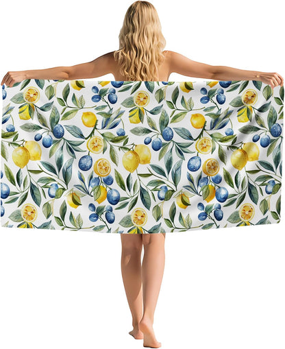 Mediterranean Lemon Beach Towel, Mediterranean Sicilian Lemons Sand Beach Towels Gifts for Women, Chinoiserie Blueberry Lemon Quick Dry Bath Pool Towels for Bathroom Swimming Pool,30x60 Inch