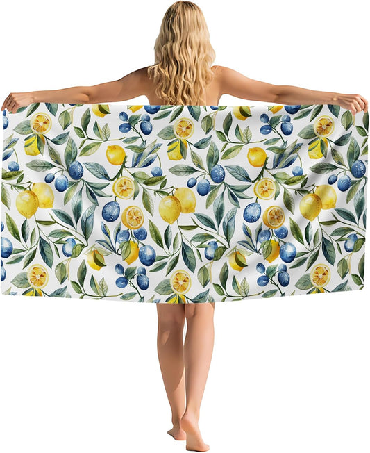 Mediterranean Lemon Beach Towel, Mediterranean Sicilian Lemons Sand Beach Towels Gifts for Women, Chinoiserie Blueberry Lemon Quick Dry Bath Pool Towels for Bathroom Swimming Pool,30x60 Inch