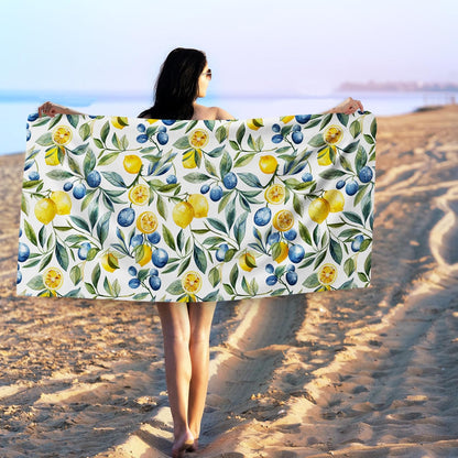Mediterranean Lemon Beach Towel, Mediterranean Sicilian Lemons Sand Beach Towels Gifts for Women, Chinoiserie Blueberry Lemon Quick Dry Bath Pool Towels for Bathroom Swimming Pool,30x60 Inch