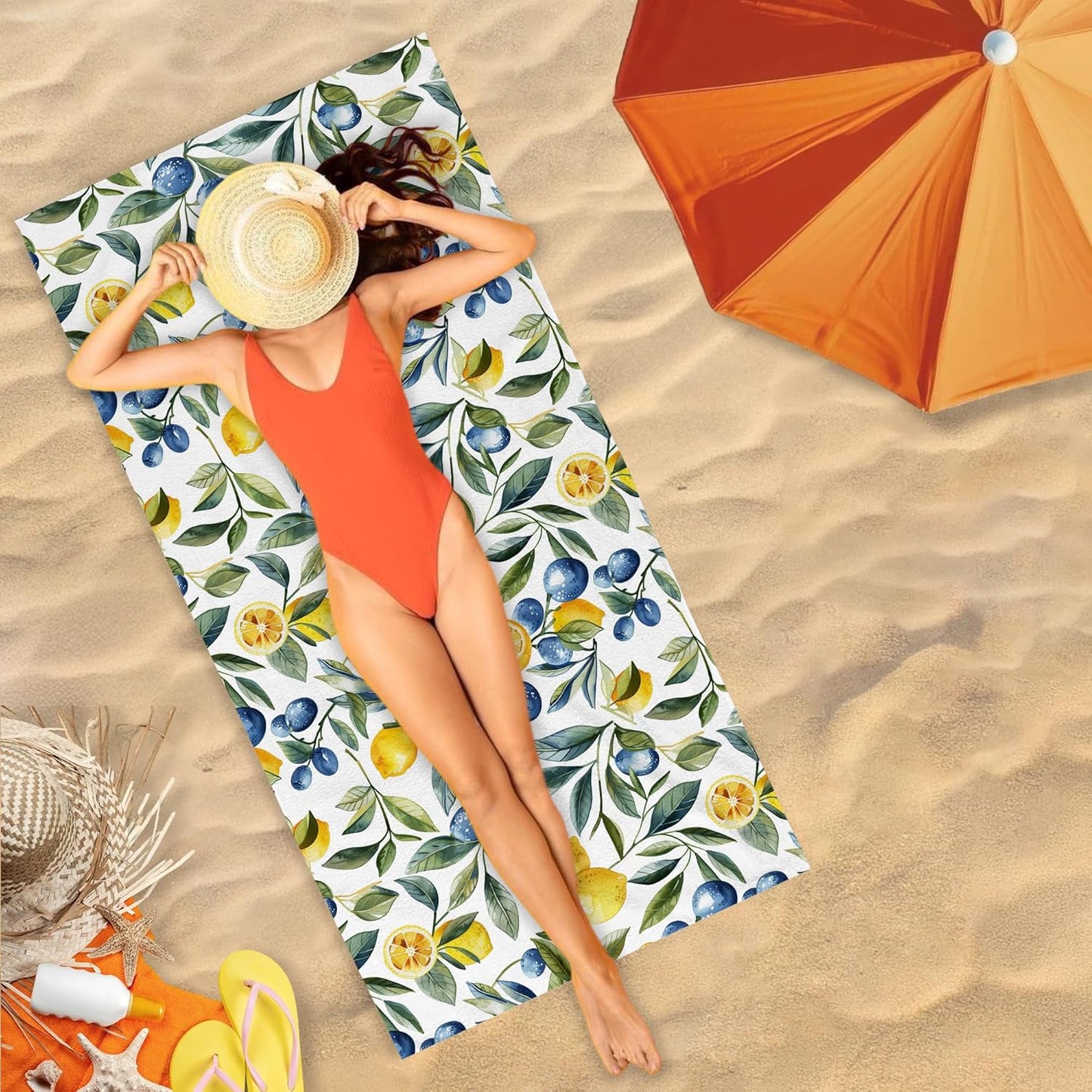 Mediterranean Lemon Beach Towel, Mediterranean Sicilian Lemons Sand Beach Towels Gifts for Women, Chinoiserie Blueberry Lemon Quick Dry Bath Pool Towels for Bathroom Swimming Pool,30x60 Inch