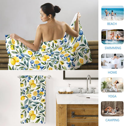 Mediterranean Lemon Beach Towel, Mediterranean Sicilian Lemons Sand Beach Towels Gifts for Women, Chinoiserie Blueberry Lemon Quick Dry Bath Pool Towels for Bathroom Swimming Pool,30x60 Inch