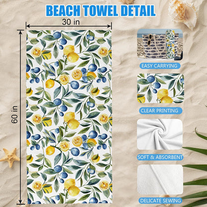 Mediterranean Lemon Beach Towel, Mediterranean Sicilian Lemons Sand Beach Towels Gifts for Women, Chinoiserie Blueberry Lemon Quick Dry Bath Pool Towels for Bathroom Swimming Pool,30x60 Inch