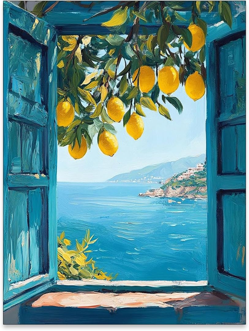 Mediterranean Window View Wall Art Coastal Lemon Tree Canvas Prints Blue Seascape Posters Modern Nature Landscape Pictures for Bedroom Living Room Office Decor 12x16 In Unframed