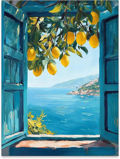 Mediterranean Window View Wall Art Coastal Lemon Tree Canvas Prints Blue Seascape Posters Modern Nature Landscape Pictures for Bedroom Living Room Office Decor 12x16 In Unframed