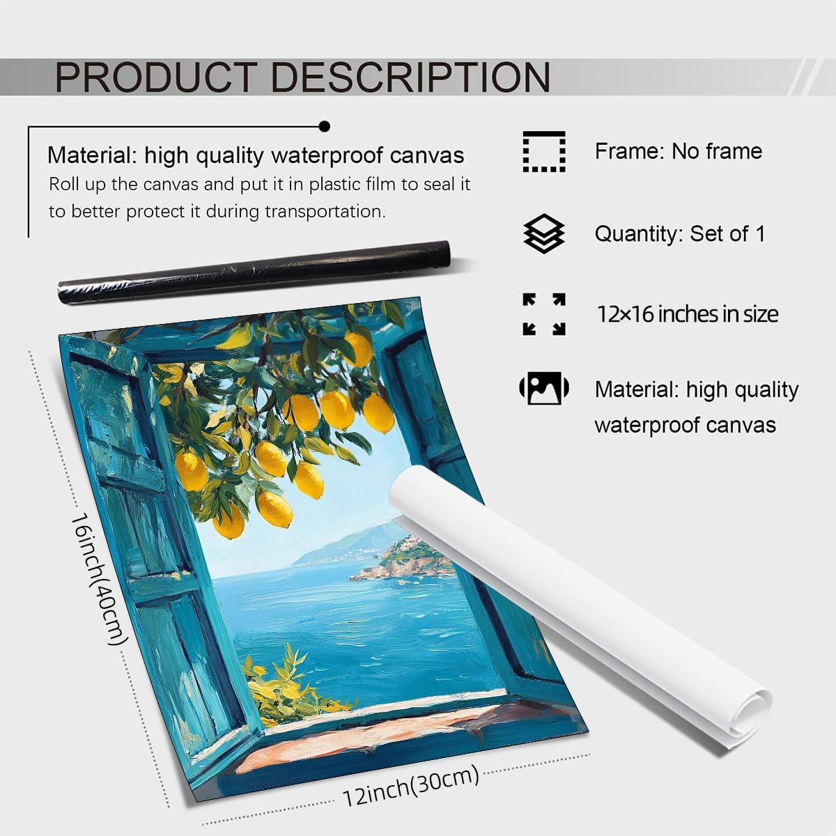 Mediterranean Window View Wall Art Coastal Lemon Tree Canvas Prints Blue Seascape Posters Modern Nature Landscape Pictures for Bedroom Living Room Office Decor 12x16 In Unframed