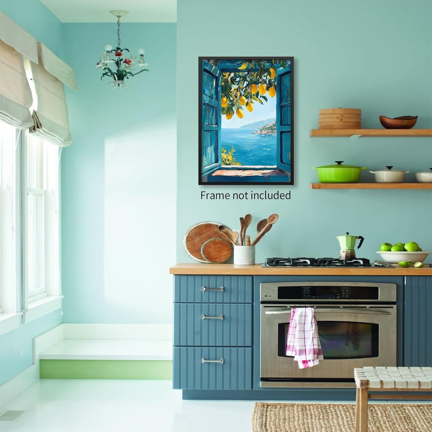 Mediterranean Window View Wall Art Coastal Lemon Tree Canvas Prints Blue Seascape Posters Modern Nature Landscape Pictures for Bedroom Living Room Office Decor 12x16 In Unframed