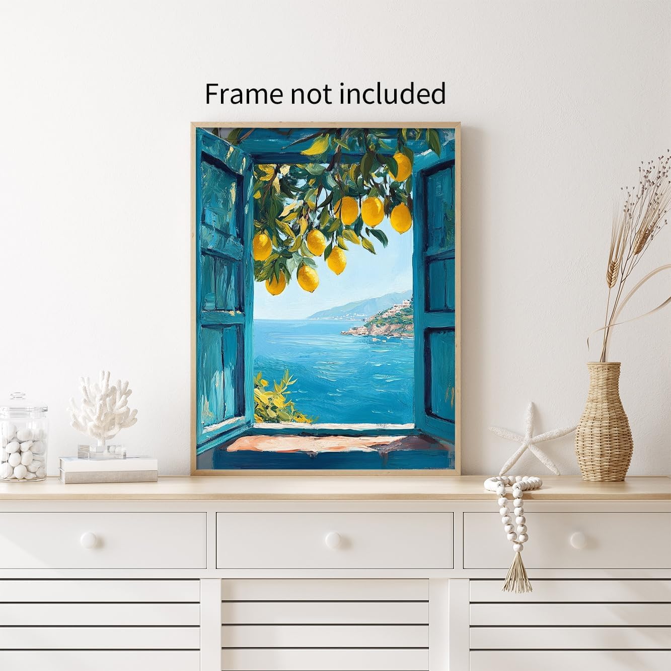 Mediterranean Window View Wall Art Coastal Lemon Tree Canvas Prints Blue Seascape Posters Modern Nature Landscape Pictures for Bedroom Living Room Office Decor 12x16 In Unframed