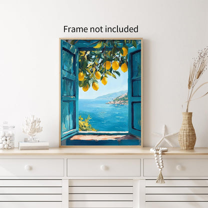 Mediterranean Window View Wall Art Coastal Lemon Tree Canvas Prints Blue Seascape Posters Modern Nature Landscape Pictures for Bedroom Living Room Office Decor 12x16 In Unframed