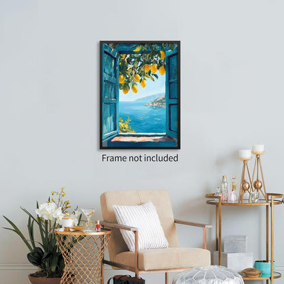 Mediterranean Window View Wall Art Coastal Lemon Tree Canvas Prints Blue Seascape Posters Modern Nature Landscape Pictures for Bedroom Living Room Office Decor 12x16 In Unframed