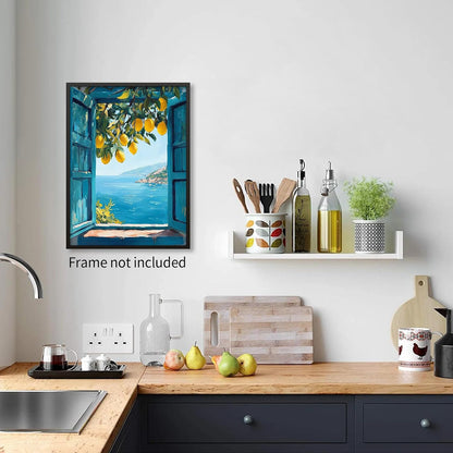 Mediterranean Window View Wall Art Coastal Lemon Tree Canvas Prints Blue Seascape Posters Modern Nature Landscape Pictures for Bedroom Living Room Office Decor 12x16 In Unframed