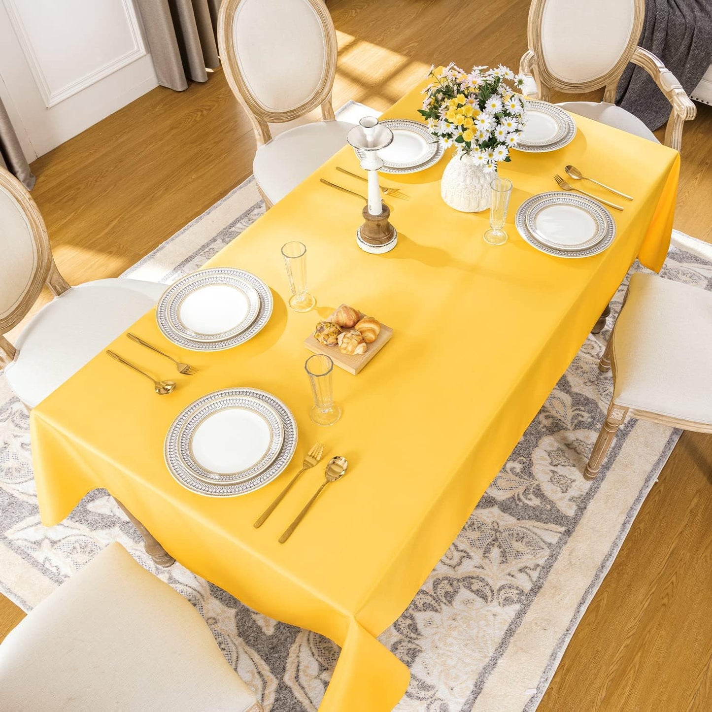 Rectangle Tablecloth, Waterproof Table Cloths Wrinkle Free Fabric Washable Polyester Table Cover for Dining Tables Party Outdoor Camping Parties Buffet - 60 x 84 inch, Yellow