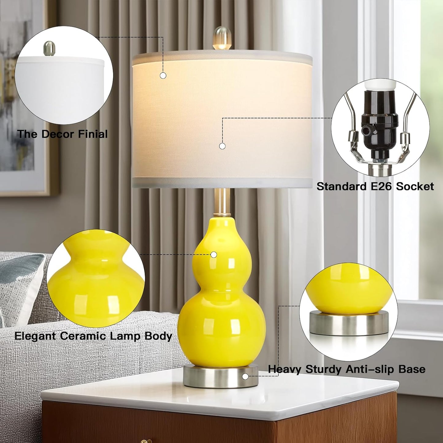 Double Gourd Ceramic Table Lamps Set of 2, Yellow Modern Bedside Lamps for Living Room, Contemporary Nightstand Desk Lamps for Bedroom End Table Home Office Decor(2 LED Bulbs Included)
