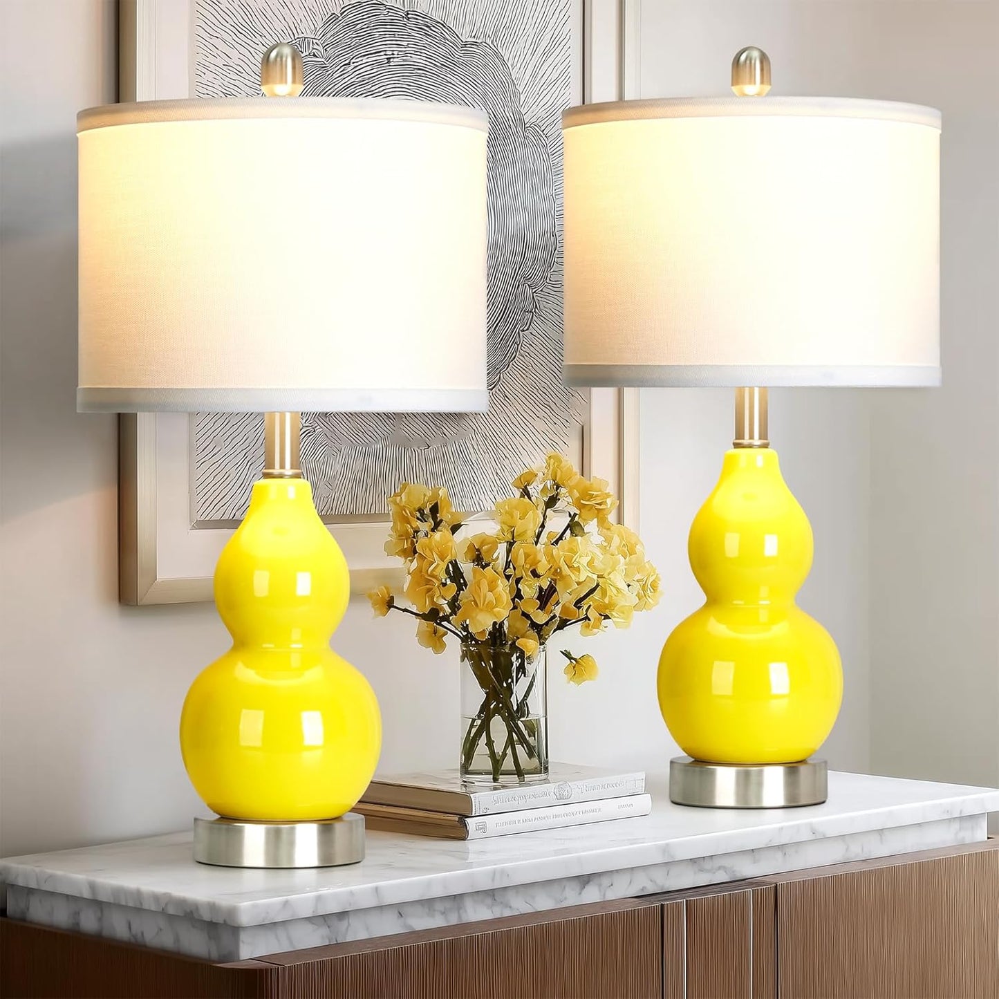 Double Gourd Ceramic Table Lamps Set of 2, Yellow Modern Bedside Lamps for Living Room, Contemporary Nightstand Desk Lamps for Bedroom End Table Home Office Decor(2 LED Bulbs Included)