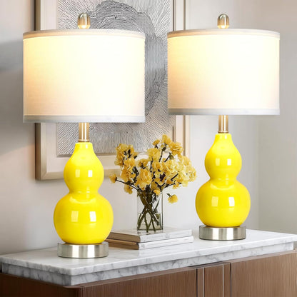 Double Gourd Ceramic Table Lamps Set of 2, Yellow Modern Bedside Lamps for Living Room, Contemporary Nightstand Desk Lamps for Bedroom End Table Home Office Decor(2 LED Bulbs Included)