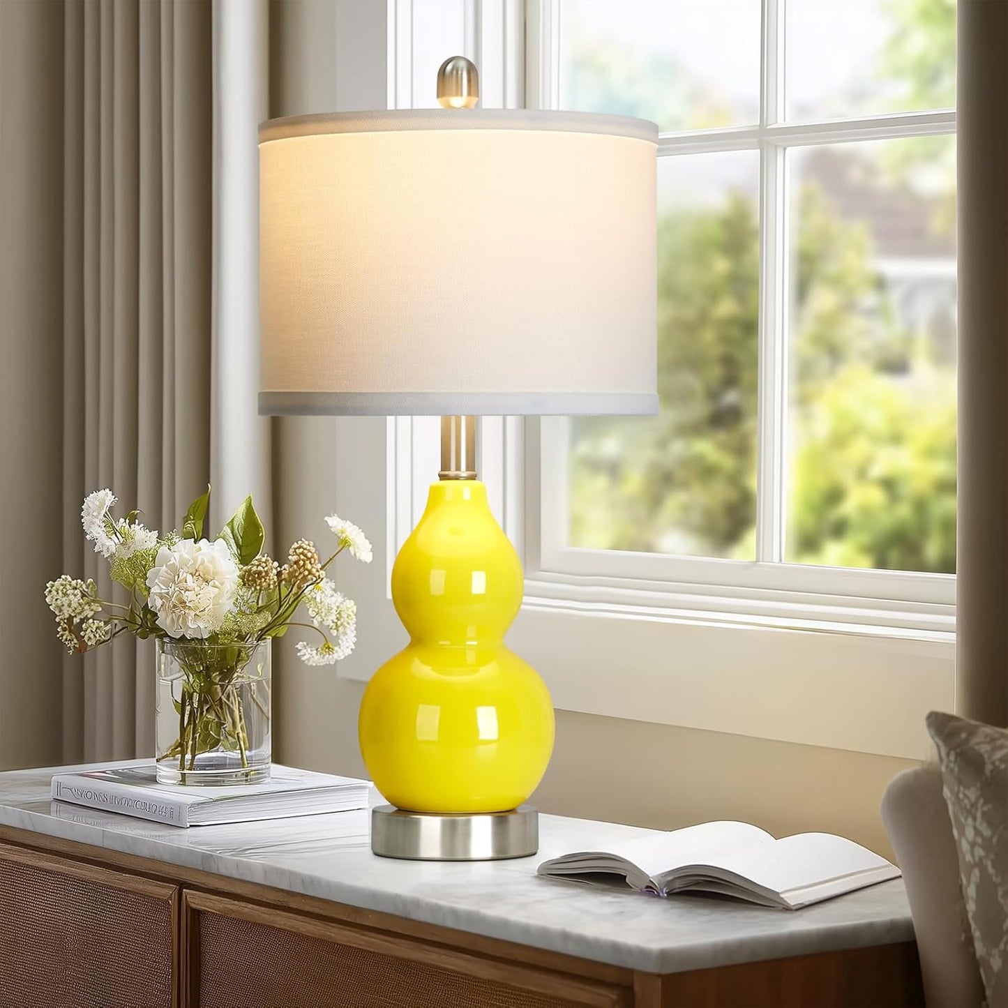 Double Gourd Ceramic Table Lamps Set of 2, Yellow Modern Bedside Lamps for Living Room, Contemporary Nightstand Desk Lamps for Bedroom End Table Home Office Decor(2 LED Bulbs Included)