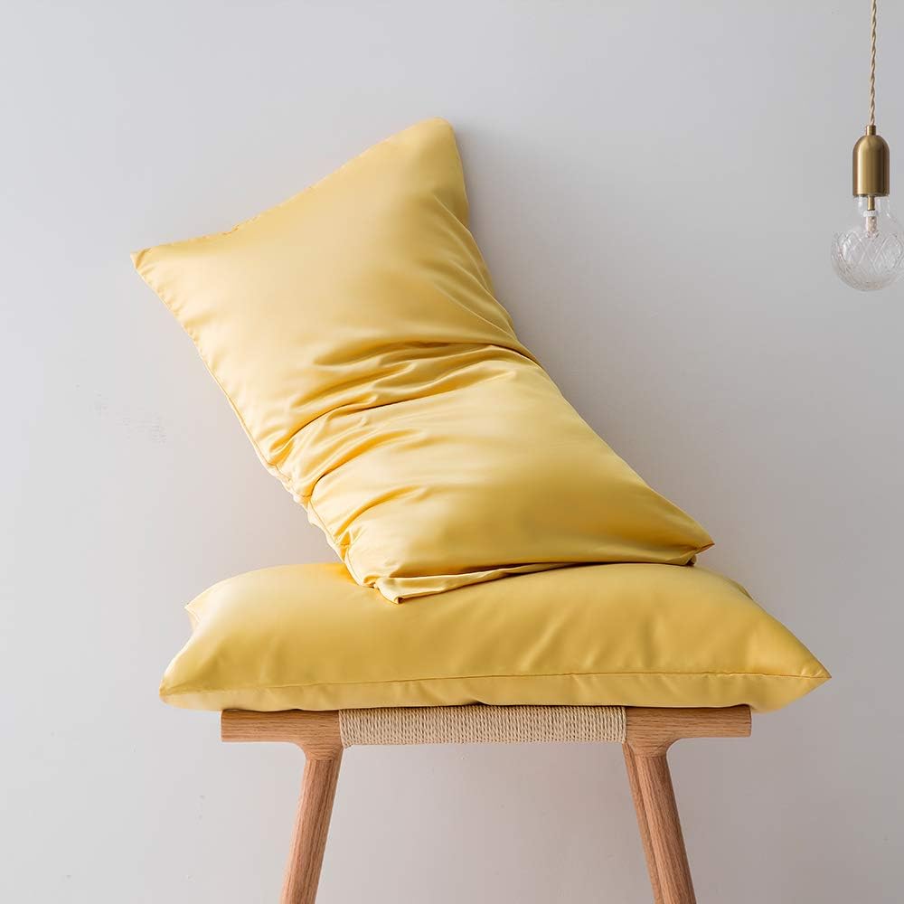 Silk Satin Duvet Cover Set King Size Solid Color Yellow Summer Bedding Set Reversible Modern Simple Silk Like Smooth Quilt Comforter Cover (1 Duvet Cover + 2 Pillow Shams) with Zip