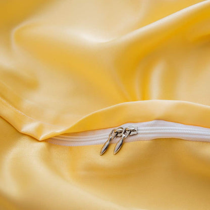 Silk Satin Duvet Cover Set King Size Solid Color Yellow Summer Bedding Set Reversible Modern Simple Silk Like Smooth Quilt Comforter Cover (1 Duvet Cover + 2 Pillow Shams) with Zip