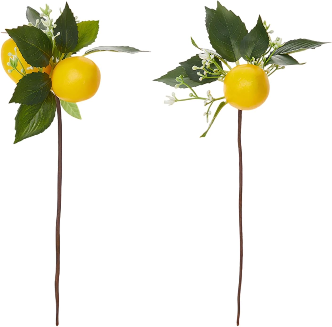 2 Pcs Artificial Lemon Branches, Faux Lemon Decor Stems with Green Leaves & White Flowers, Plastic Fake Lemon Picks for Table Centerpiece, Wedding, Kitchen, Home Party Decoration