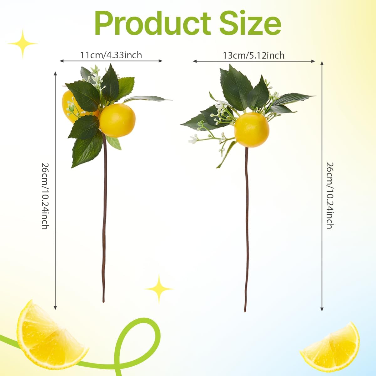 2 Pcs Artificial Lemon Branches, Faux Lemon Decor Stems with Green Leaves & White Flowers, Plastic Fake Lemon Picks for Table Centerpiece, Wedding, Kitchen, Home Party Decoration