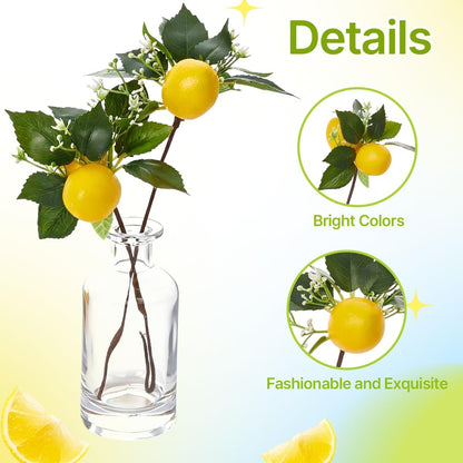 2 Pcs Artificial Lemon Branches, Faux Lemon Decor Stems with Green Leaves & White Flowers, Plastic Fake Lemon Picks for Table Centerpiece, Wedding, Kitchen, Home Party Decoration