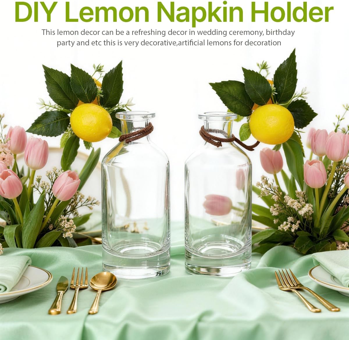 2 Pcs Artificial Lemon Branches, Faux Lemon Decor Stems with Green Leaves & White Flowers, Plastic Fake Lemon Picks for Table Centerpiece, Wedding, Kitchen, Home Party Decoration