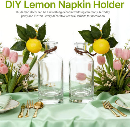 2 Pcs Artificial Lemon Branches, Faux Lemon Decor Stems with Green Leaves & White Flowers, Plastic Fake Lemon Picks for Table Centerpiece, Wedding, Kitchen, Home Party Decoration
