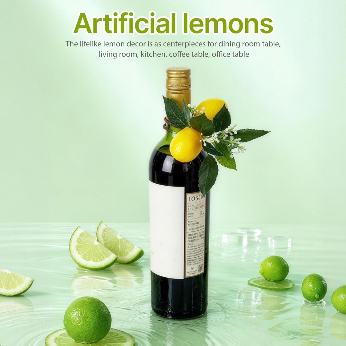 2 Pcs Artificial Lemon Branches, Faux Lemon Decor Stems with Green Leaves & White Flowers, Plastic Fake Lemon Picks for Table Centerpiece, Wedding, Kitchen, Home Party Decoration