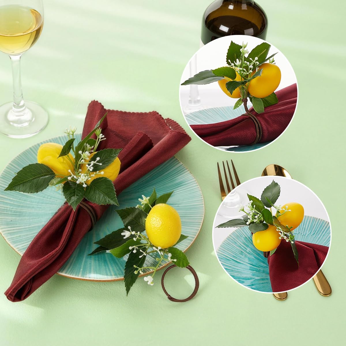 2 Pcs Artificial Lemon Branches, Faux Lemon Decor Stems with Green Leaves & White Flowers, Plastic Fake Lemon Picks for Table Centerpiece, Wedding, Kitchen, Home Party Decoration