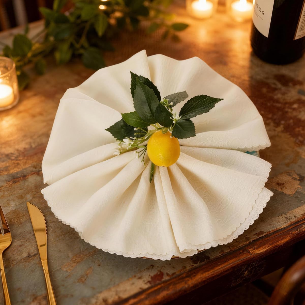 2 Pcs Artificial Lemon Branches, Faux Lemon Decor Stems with Green Leaves & White Flowers, Plastic Fake Lemon Picks for Table Centerpiece, Wedding, Kitchen, Home Party Decoration