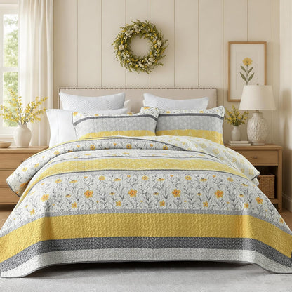 Quilts Queen Size - Yellow Floral Striped Patchwork Design Farmhouse Bedspread, 3 Pieces 100% Cotton Quilt Set with Matching Shams, Summer Lightweight Coverlet Set for All Season