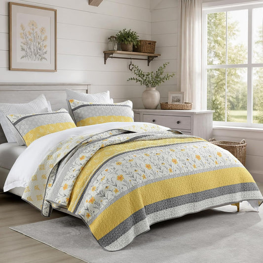 Quilts Queen Size - Yellow Floral Striped Patchwork Design Farmhouse Bedspread, 3 Pieces 100% Cotton Quilt Set with Matching Shams, Summer Lightweight Coverlet Set for All Season