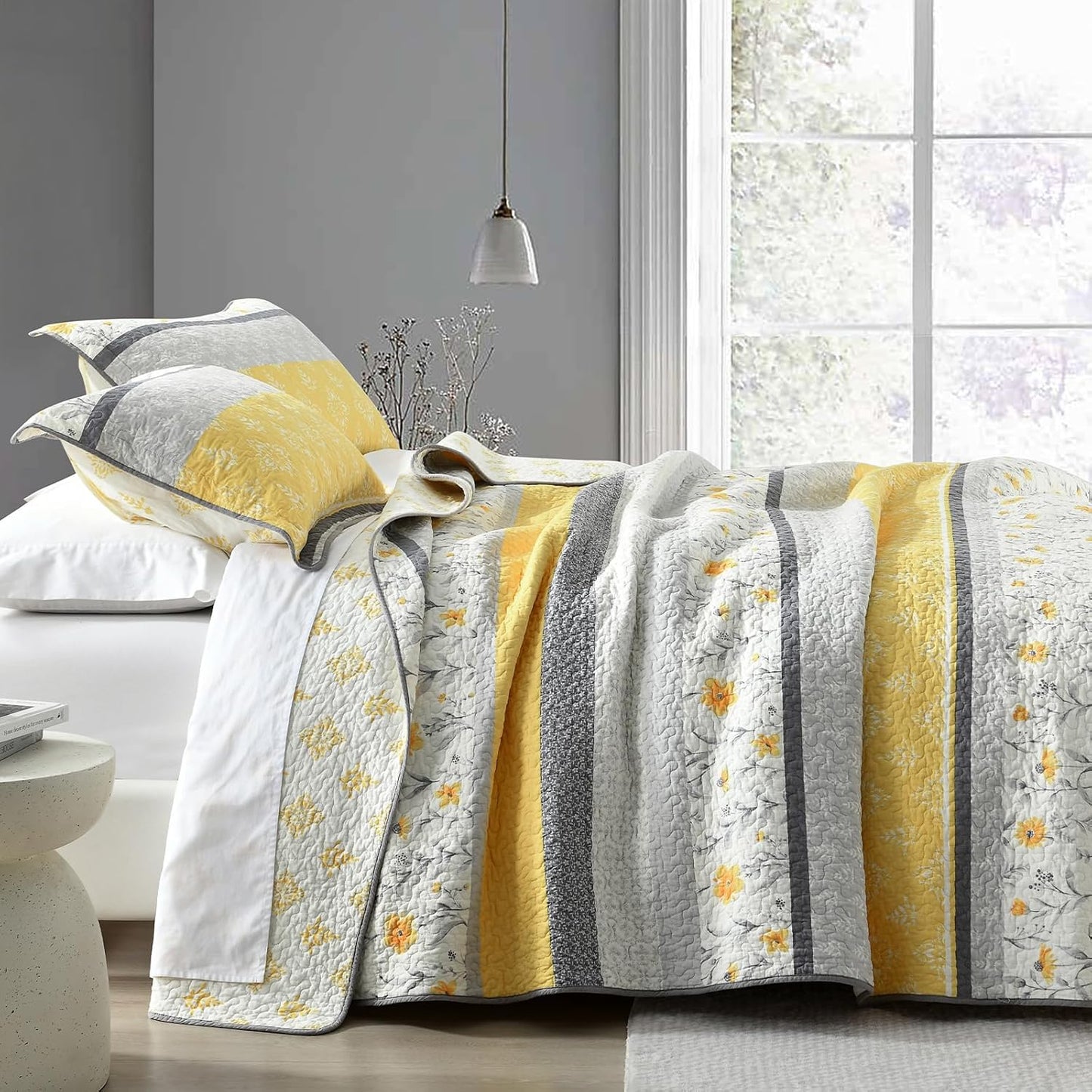 Quilts Queen Size - Yellow Floral Striped Patchwork Design Farmhouse Bedspread, 3 Pieces 100% Cotton Quilt Set with Matching Shams, Summer Lightweight Coverlet Set for All Season