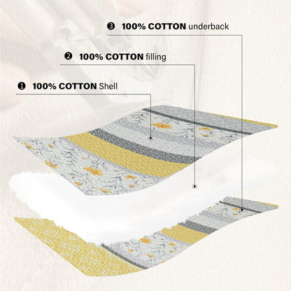 Quilts Queen Size - Yellow Floral Striped Patchwork Design Farmhouse Bedspread, 3 Pieces 100% Cotton Quilt Set with Matching Shams, Summer Lightweight Coverlet Set for All Season