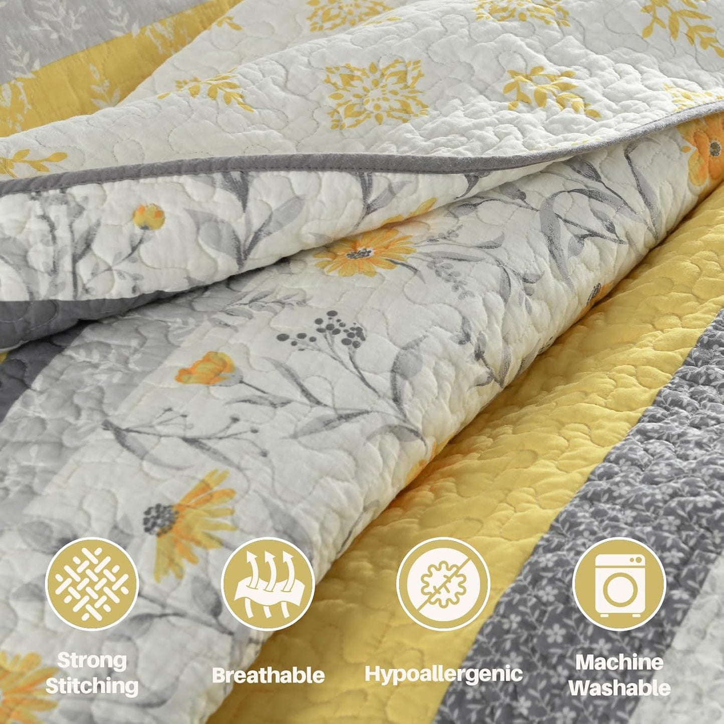 Quilts Queen Size - Yellow Floral Striped Patchwork Design Farmhouse Bedspread, 3 Pieces 100% Cotton Quilt Set with Matching Shams, Summer Lightweight Coverlet Set for All Season