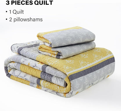 Quilts Queen Size - Yellow Floral Striped Patchwork Design Farmhouse Bedspread, 3 Pieces 100% Cotton Quilt Set with Matching Shams, Summer Lightweight Coverlet Set for All Season