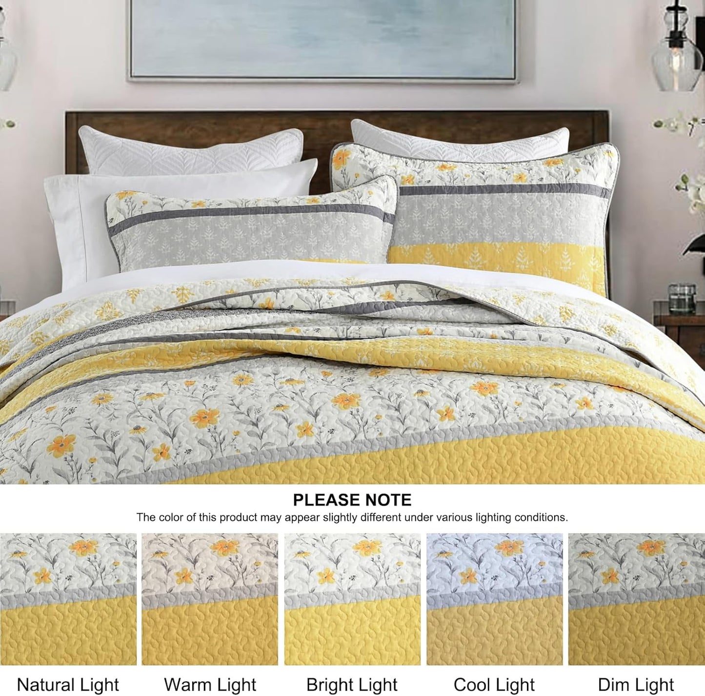Quilts Queen Size - Yellow Floral Striped Patchwork Design Farmhouse Bedspread, 3 Pieces 100% Cotton Quilt Set with Matching Shams, Summer Lightweight Coverlet Set for All Season
