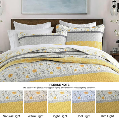 Quilts Queen Size - Yellow Floral Striped Patchwork Design Farmhouse Bedspread, 3 Pieces 100% Cotton Quilt Set with Matching Shams, Summer Lightweight Coverlet Set for All Season
