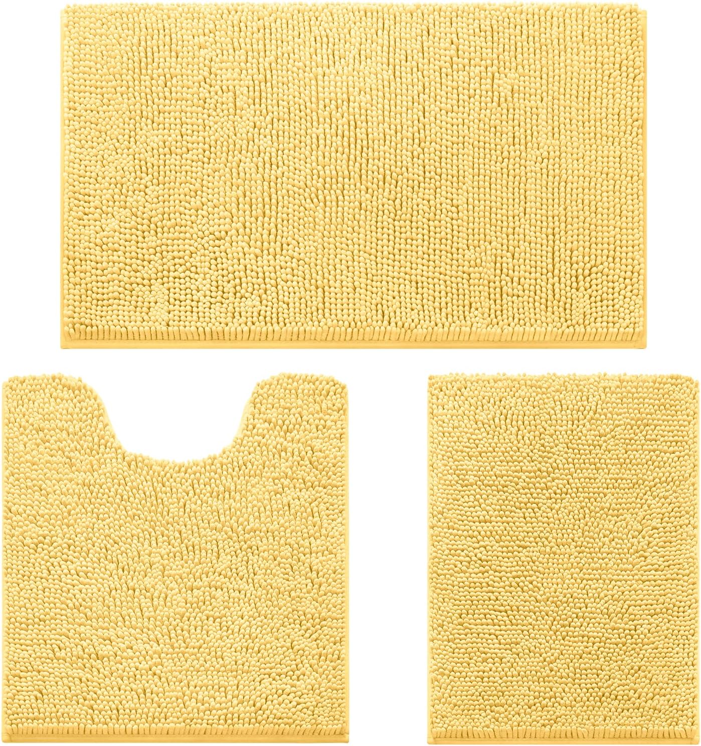 3 Pieces Bathroom Rugs, Ultra Soft Non Slip Absorbent Chenille Toilet Bath Mat Set (Yellow)