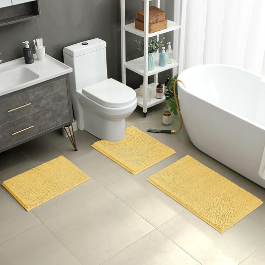 3 Pieces Bathroom Rugs, Ultra Soft Non Slip Absorbent Chenille Toilet Bath Mat Set (Yellow)