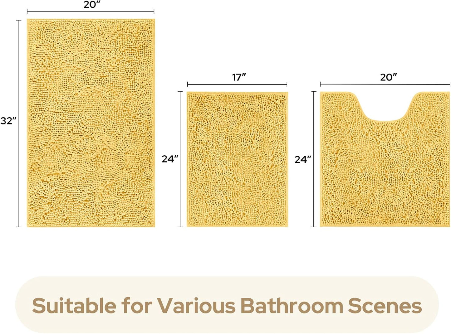 3 Pieces Bathroom Rugs, Ultra Soft Non Slip Absorbent Chenille Toilet Bath Mat Set (Yellow)