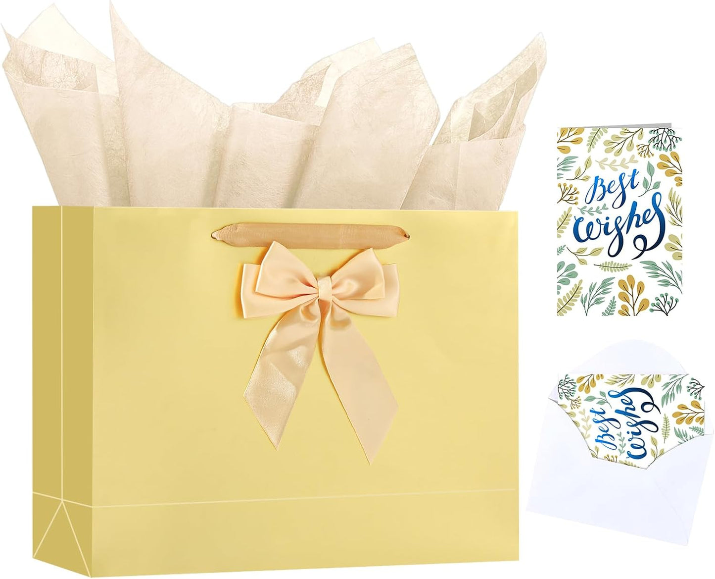 Birthday Gift Bag Set with Card, Tissue Paper & Bow (1 Pack, Gold) | 1 Large Paper Bag with Bow, Greeting Card & 2 Tissues, Sturdy Handles for Woman Birthdays, Valentines’s Day, Mother’s Day